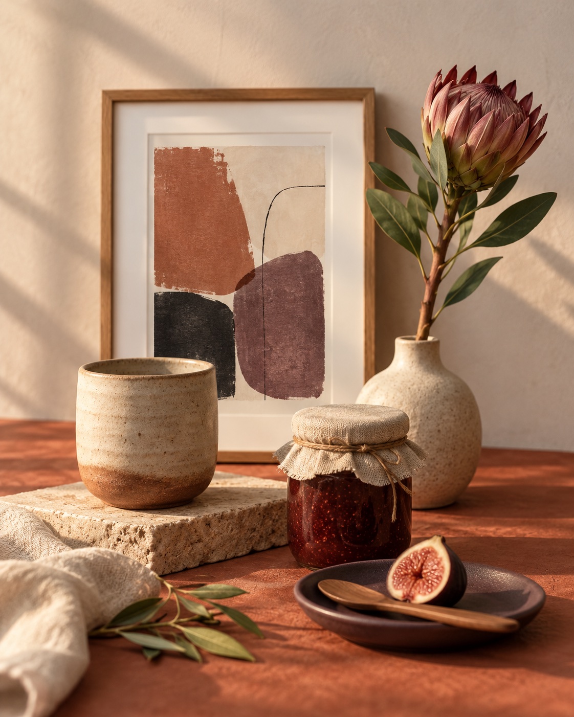 Illustrative local art, ceramic, floral, and specialty food collection