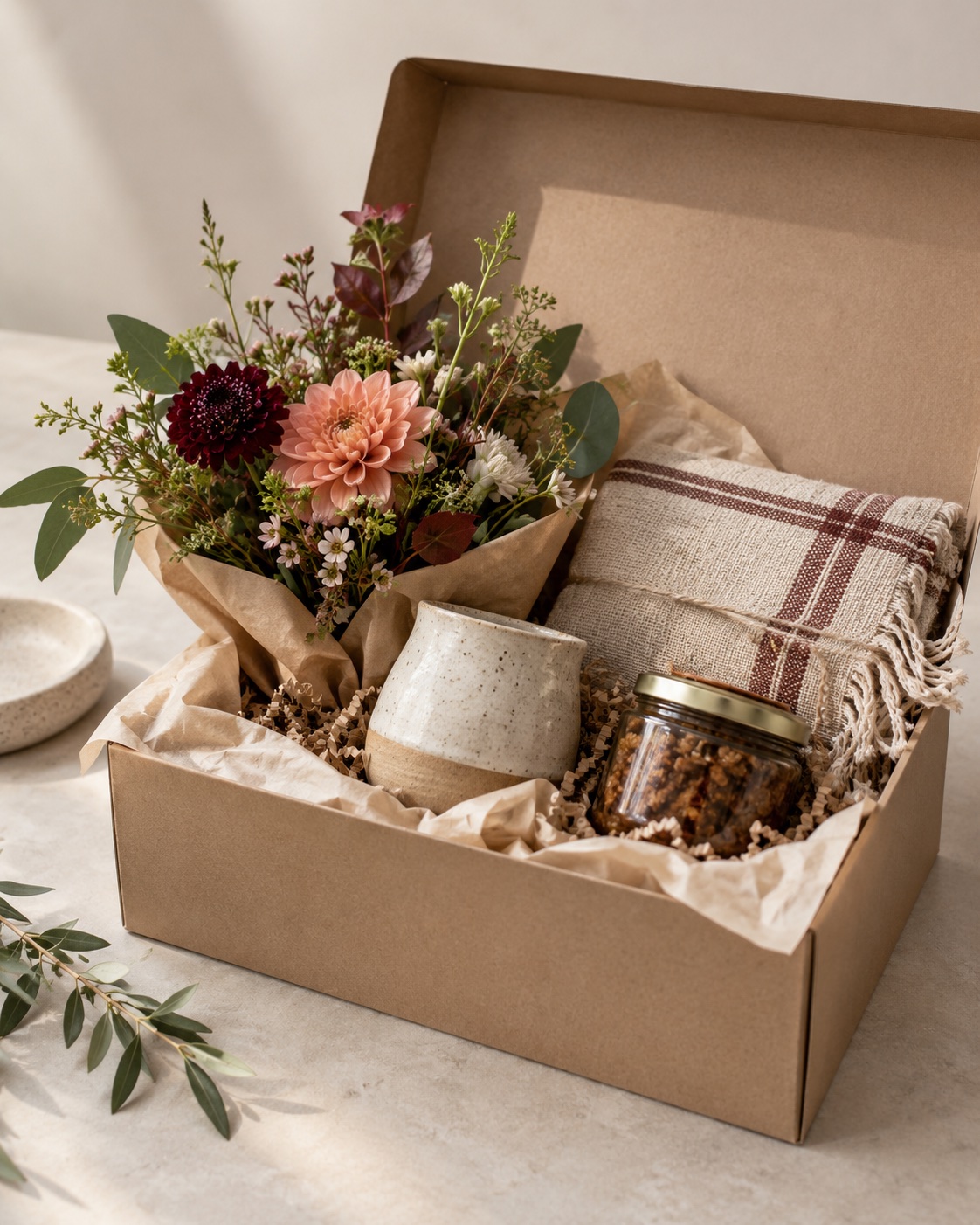 Illustrative gift box containing flowers, ceramics, textile, and specialty food