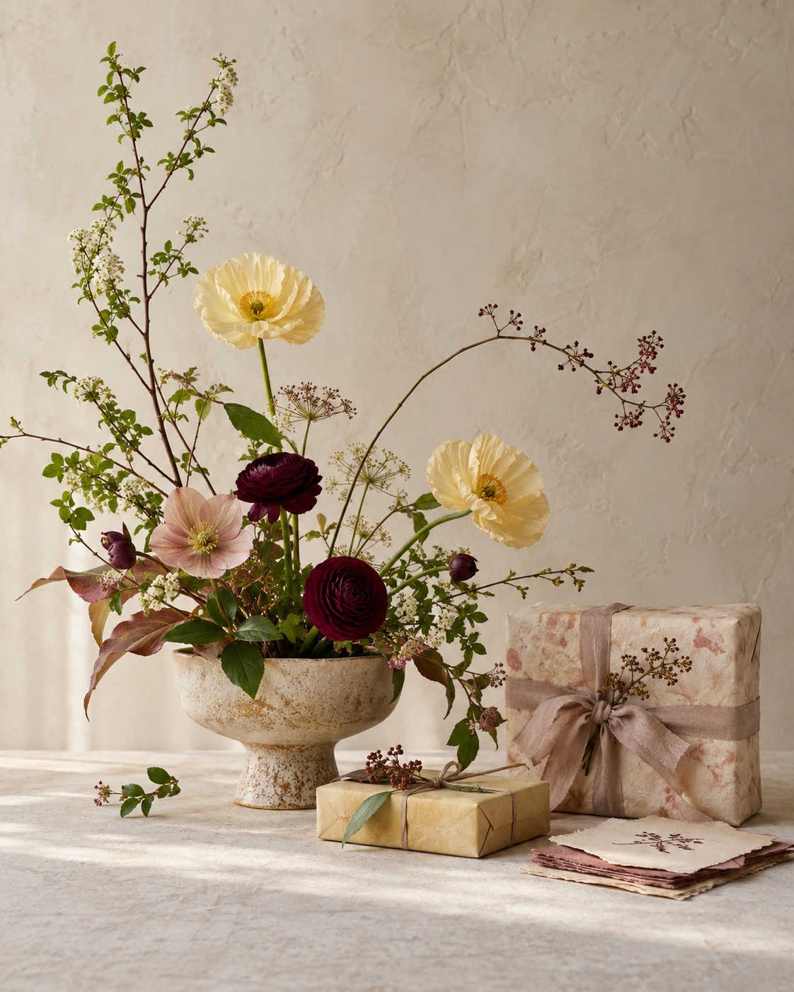 An illustrative seasonal floral arrangement with artisan gifts